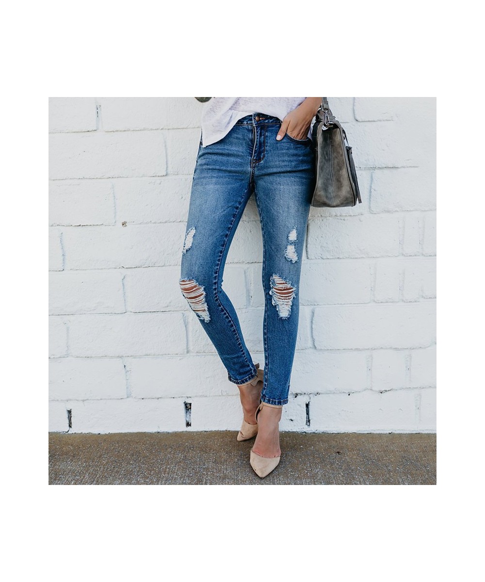 Summer denim jeans style high-waist irregular tight-fitting knee hole raw-edge ripped elastic feet pants women's jeans trend ...