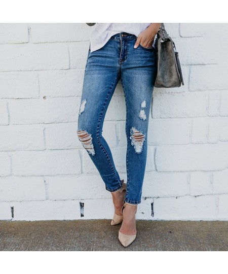 Summer denim jeans style high-waist irregular tight-fitting knee hole raw-edge ripped elastic feet pants women's jeans trend ...