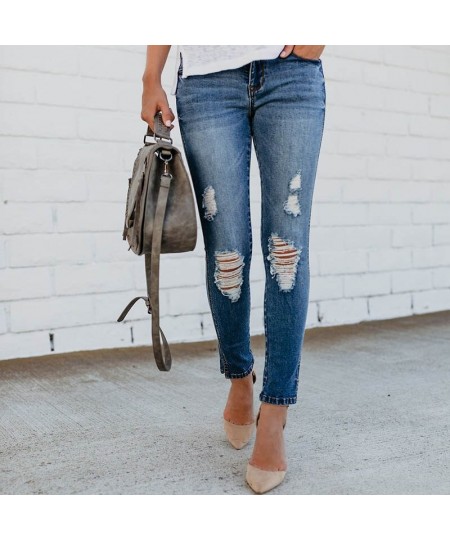 Summer denim jeans style high-waist irregular tight-fitting knee hole raw-edge ripped elastic feet pants women's jeans trend ...