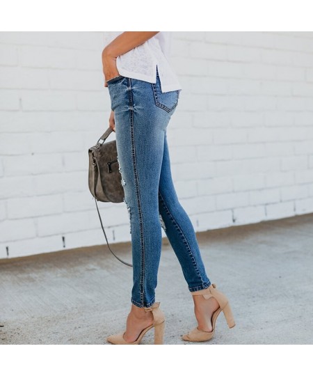 Summer denim jeans style high-waist irregular tight-fitting knee hole raw-edge ripped elastic feet pants women's jeans trend ...