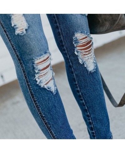 Summer denim jeans style high-waist irregular tight-fitting knee hole raw-edge ripped elastic feet pants women's jeans trend ...