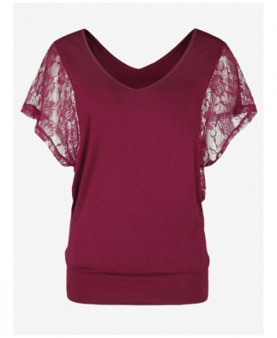 Batwing Lace Sleeve Blouson T-Shirt For Bigsize Women Summer Daily Wear Deep Red High Stretch V-Neck Tees Tops 4XL $29.84 - W...