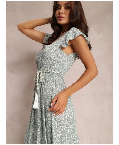 Casual V-neck Ruffled Short-sleeved Belt Waist Floral Dress For Women Summer 2022 Elegant Fashionable Beach Vacation Long Dre...