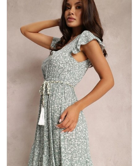 Casual V-neck Ruffled Short-sleeved Belt Waist Floral Dress For Women Summer 2022 Elegant Fashionable Beach Vacation Long Dre...