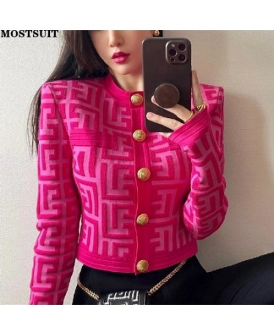 New Autumn Letter Jacquard Knit Cardigan Sweater Women Gold Buttons Streetwear Vintage Slim Jacket Long Sleeve O-neck Top Coa...