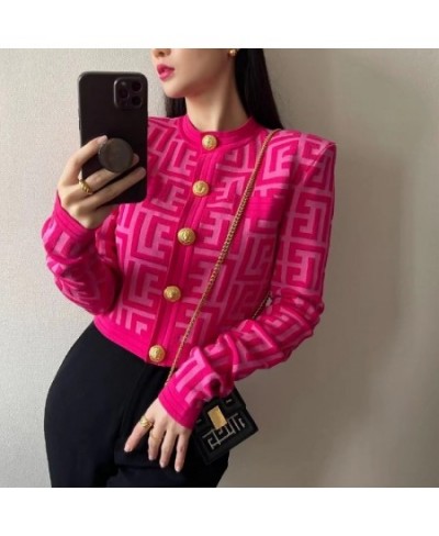 New Autumn Letter Jacquard Knit Cardigan Sweater Women Gold Buttons Streetwear Vintage Slim Jacket Long Sleeve O-neck Top Coa...