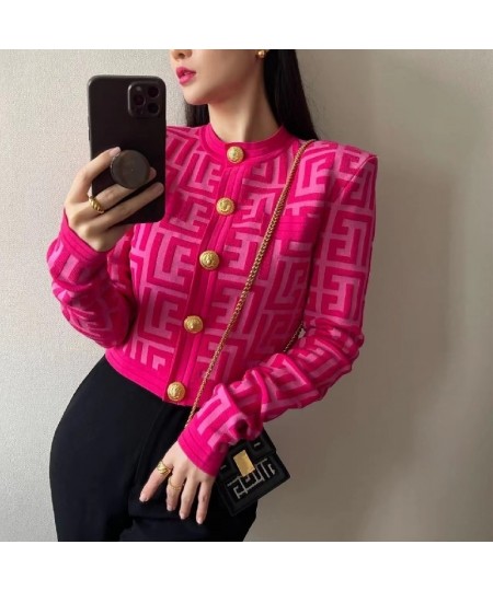 New Autumn Letter Jacquard Knit Cardigan Sweater Women Gold Buttons Streetwear Vintage Slim Jacket Long Sleeve O-neck Top Coa...