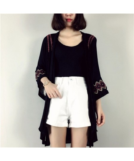 Embroidery Summer Cardigan Black White Kimono Cardigan Women Beach Loose Cardigan $33.16 - Blouses & Shirts