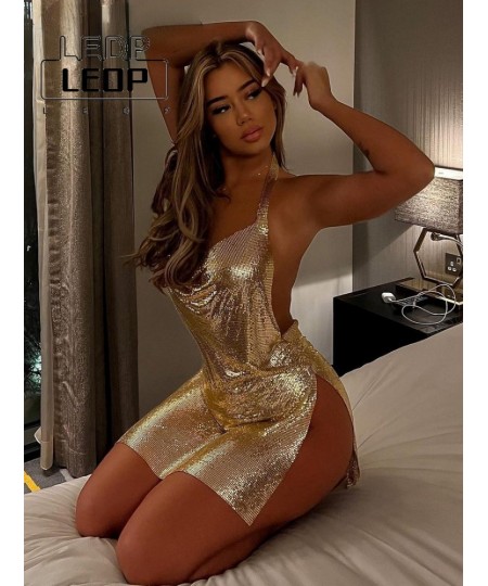 LEDP 2022 Summer Festive Clothing Bling Glitter Women Halter Mini Dress Side Slit Open Back Skinny Sexy Streetwear Party Club...