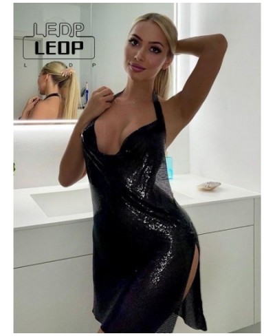 LEDP 2022 Summer Festive Clothing Bling Glitter Women Halter Mini Dress Side Slit Open Back Skinny Sexy Streetwear Party Club...