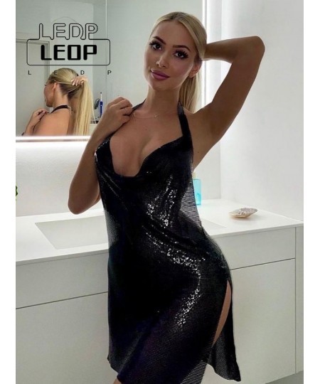 LEDP 2022 Summer Festive Clothing Bling Glitter Women Halter Mini Dress Side Slit Open Back Skinny Sexy Streetwear Party Club...