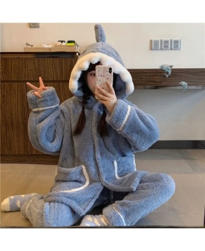 Shark Women's Pajamas Flannel Hooded Sleepwear Kawaii Pijama Female Set with Pants Cute Pyjamas Halloween Party Loungewear $6...