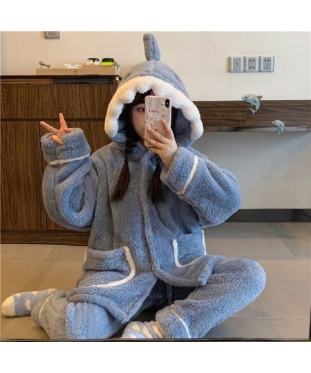 Shark Women's Pajamas Flannel Hooded Sleepwear Kawaii Pijama Female Set with Pants Cute Pyjamas Halloween Party Loungewear $6...