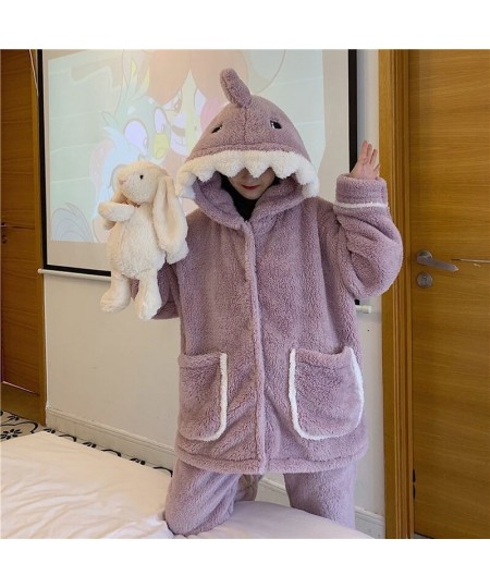 Shark Women's Pajamas Flannel Hooded Sleepwear Kawaii Pijama Female Set with Pants Cute Pyjamas Halloween Party Loungewear $6...