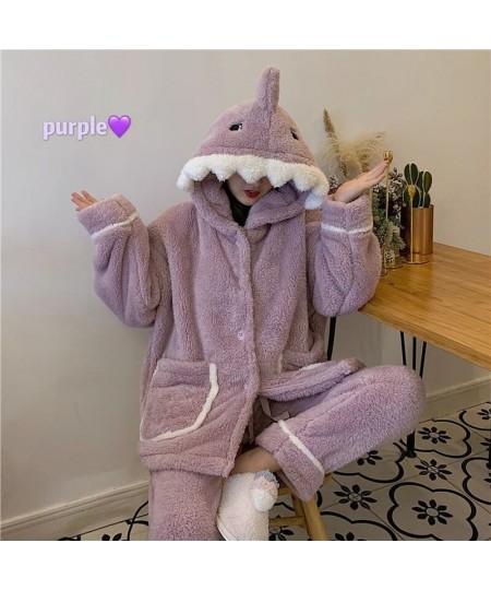 Shark Women's Pajamas Flannel Hooded Sleepwear Kawaii Pijama Female Set with Pants Cute Pyjamas Halloween Party Loungewear $6...