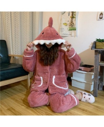 Shark Women's Pajamas Flannel Hooded Sleepwear Kawaii Pijama Female Set with Pants Cute Pyjamas Halloween Party Loungewear $6...