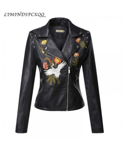 Autumn Flowers Embroidery Pu Leather Jacket Women Turn-down Collar Rivet Zipper Black Biker Coats Tops Clothes Ropa De Mujer ...