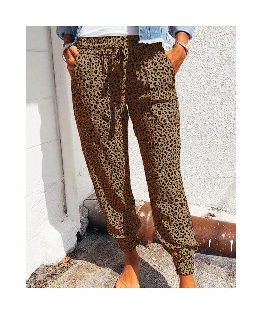 Women Leopard Printed Trousers Loose Lace-up Waist Long Pants with Pockets For Daily Summer Spring Fall Pencil Pant Streetwea...