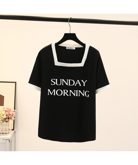 Plus Size Basic T-Shirt Women 2023 Summer Printed Letter Block Color Square Collar Tees Short Sleeve Tops Oversize Curve $33....