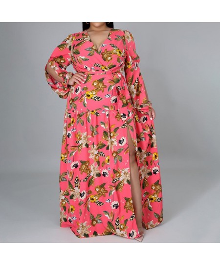 Casual Floral Printing High Waist Open Stitch Spring Autumn Clothes Plus Size Sexy Deep V-Neck Bandage Slit Maxi Dresses Wome...