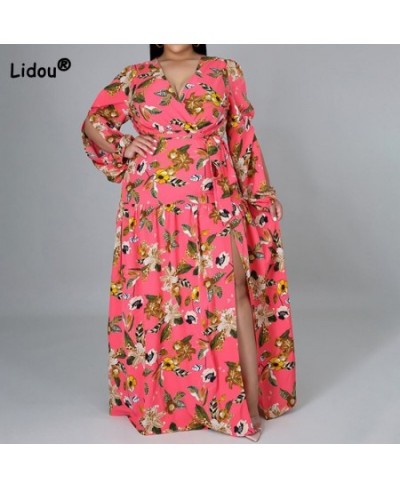 Casual Floral Printing High Waist Open Stitch Spring Autumn Clothes Plus Size Sexy Deep V-Neck Bandage Slit Maxi Dresses Wome...