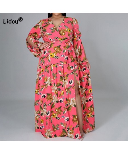 Casual Floral Printing High Waist Open Stitch Spring Autumn Clothes Plus Size Sexy Deep V-Neck Bandage Slit Maxi Dresses Wome...