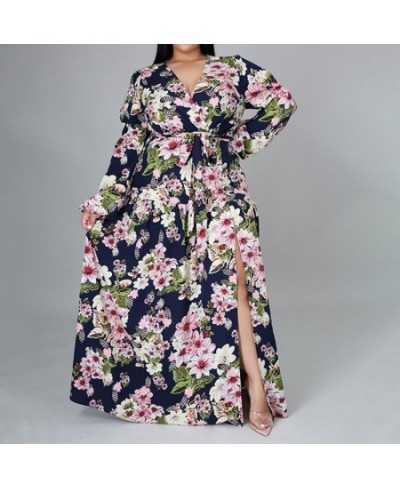 Casual Floral Printing High Waist Open Stitch Spring Autumn Clothes Plus Size Sexy Deep V-Neck Bandage Slit Maxi Dresses Wome...