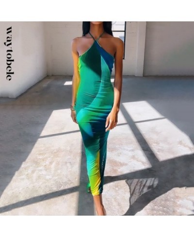 Women Maxi Dress Summer Casual Sexy Halter Sleeveless Printed Slim Colorful Slit Beach Party Dresses High Streetwear $46.16 -...