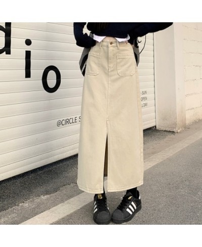 Korean Fashion Khaki Denim Skirts Spring Autumn New High Waist Pocket Design Slit Straight Long Skirt for Women $47.46 - Skirts