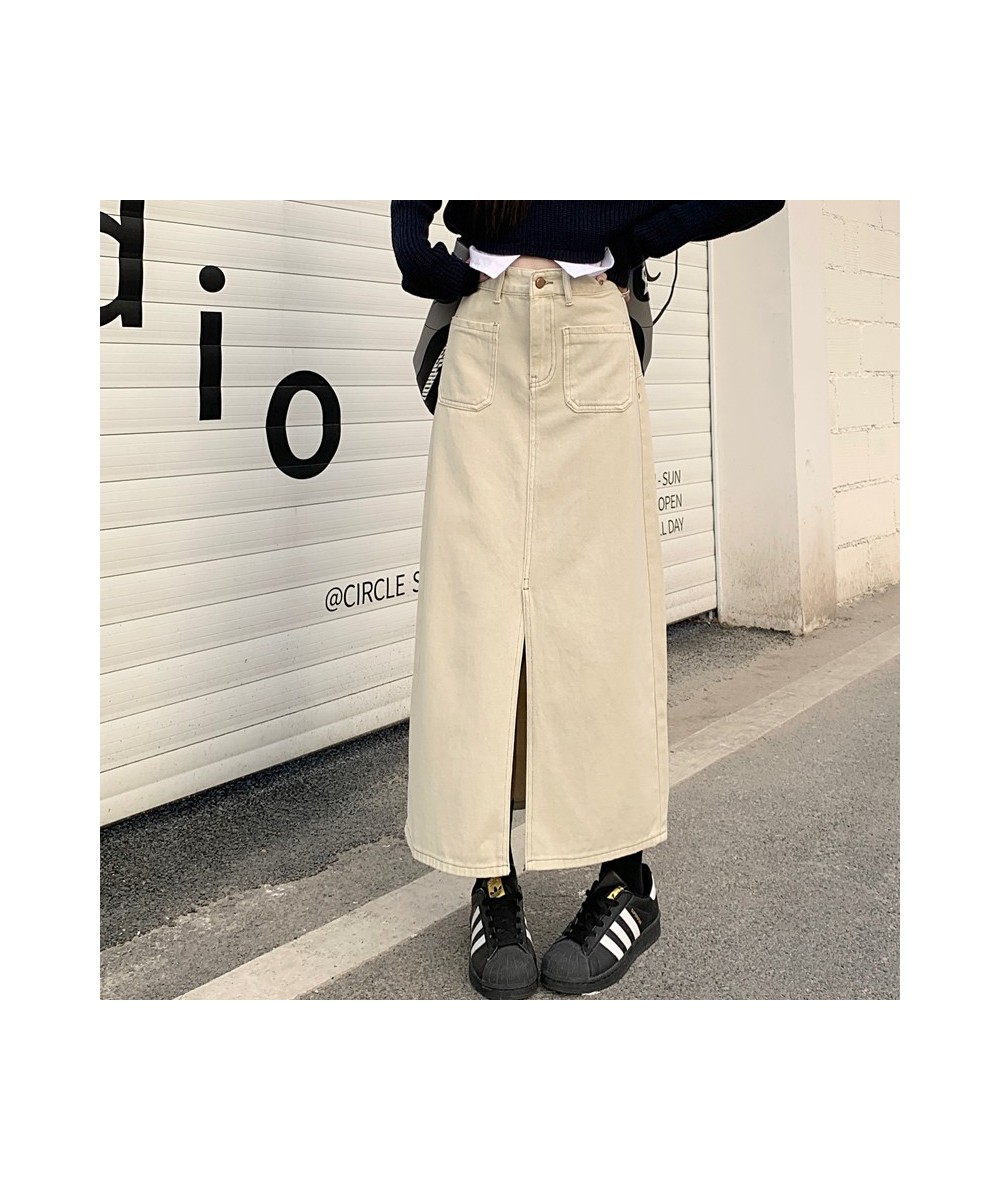 Korean Fashion Khaki Denim Skirts Spring Autumn New High Waist Pocket Design Slit Straight Long Skirt for Women $47.46 - Skirts