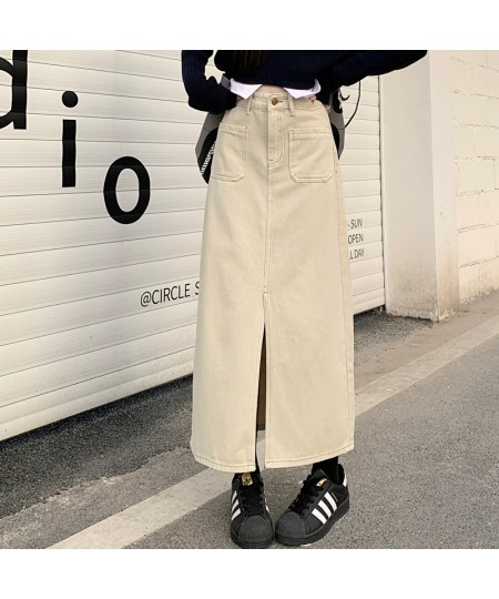 Korean Fashion Khaki Denim Skirts Spring Autumn New High Waist Pocket Design Slit Straight Long Skirt for Women $47.46 - Skirts