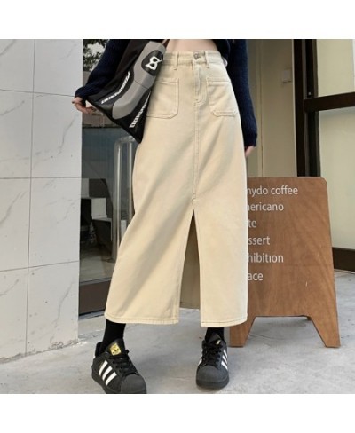 Korean Fashion Khaki Denim Skirts Spring Autumn New High Waist Pocket Design Slit Straight Long Skirt for Women $47.46 - Skirts