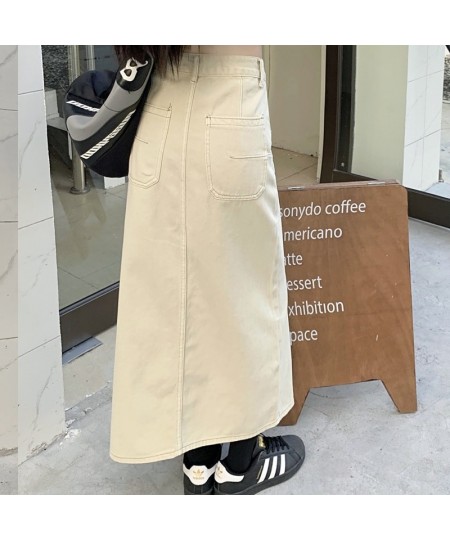 Korean Fashion Khaki Denim Skirts Spring Autumn New High Waist Pocket Design Slit Straight Long Skirt for Women $47.46 - Skirts