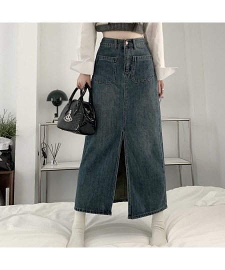 Korean Fashion Khaki Denim Skirts Spring Autumn New High Waist Pocket Design Slit Straight Long Skirt for Women $47.46 - Skirts