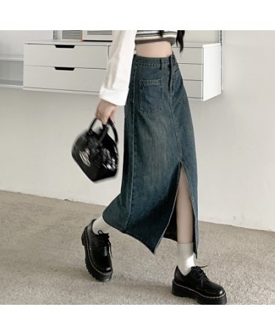 Korean Fashion Khaki Denim Skirts Spring Autumn New High Waist Pocket Design Slit Straight Long Skirt for Women $47.46 - Skirts