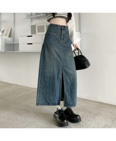 Korean Fashion Khaki Denim Skirts Spring Autumn New High Waist Pocket Design Slit Straight Long Skirt for Women $47.46 - Skirts