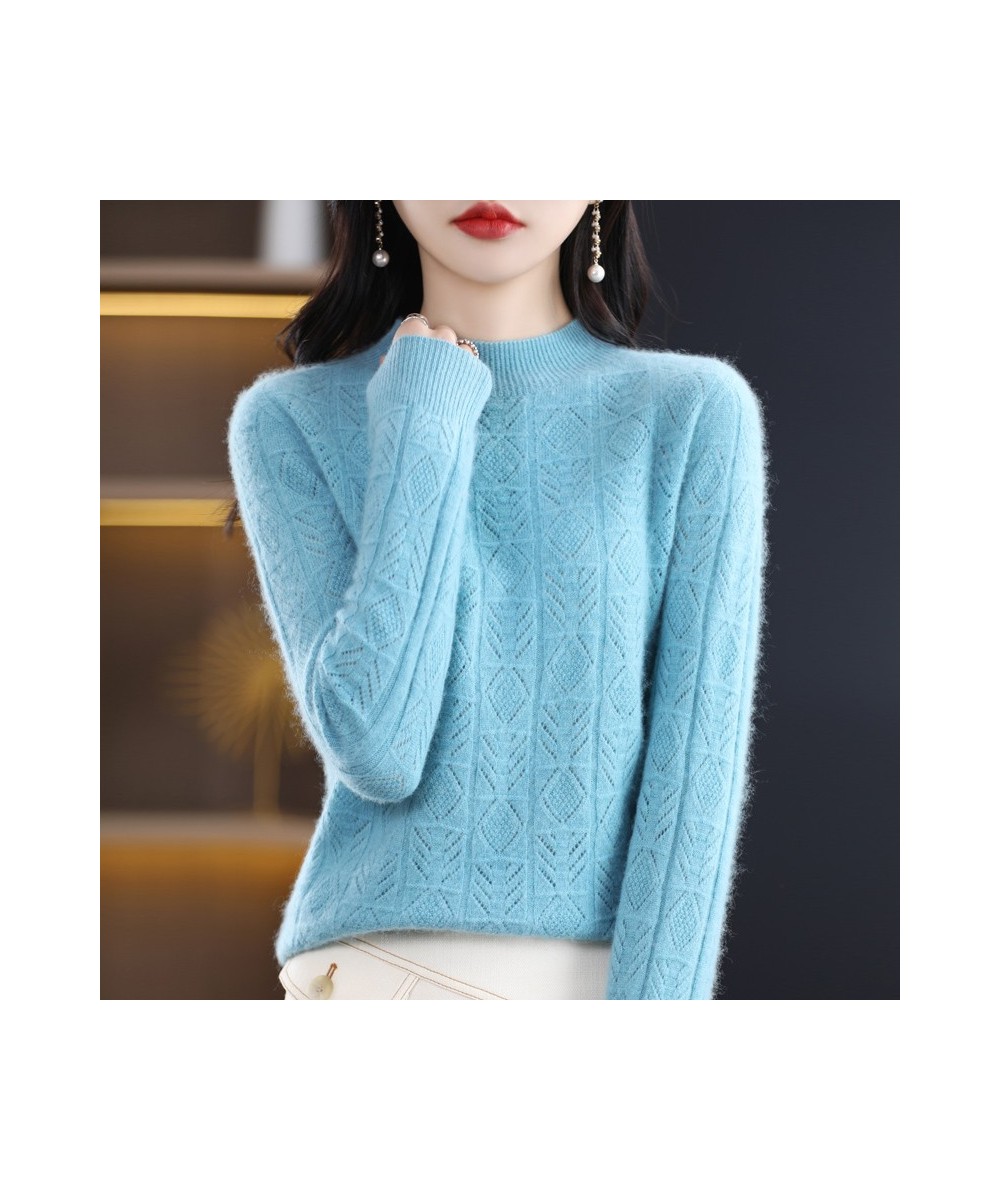 Spring And Summer New 100% Pure Wool Women's Pullover Solid Color Long Sleeve Hollow Half High Neck Sweater Fashion Top $57.2...