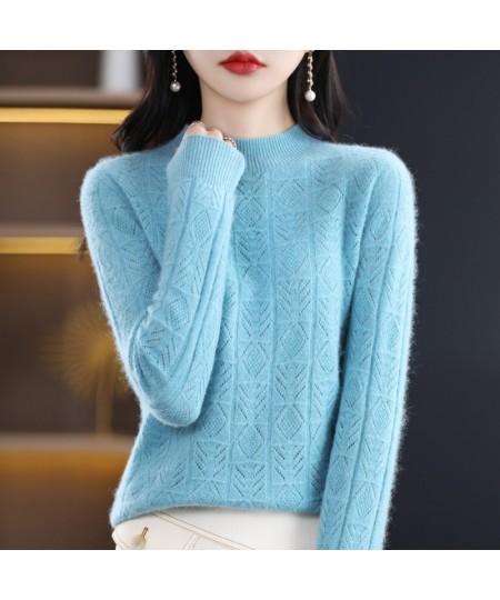 Spring And Summer New 100% Pure Wool Women's Pullover Solid Color Long Sleeve Hollow Half High Neck Sweater Fashion Top $57.2...