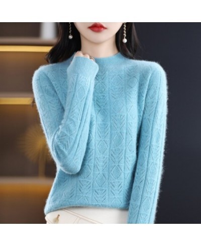 Spring And Summer New 100% Pure Wool Women's Pullover Solid Color Long Sleeve Hollow Half High Neck Sweater Fashion Top $57.2...