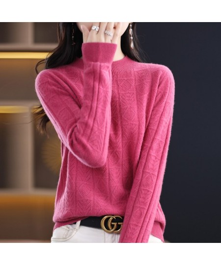 Spring And Summer New 100% Pure Wool Women's Pullover Solid Color Long Sleeve Hollow Half High Neck Sweater Fashion Top $57.2...