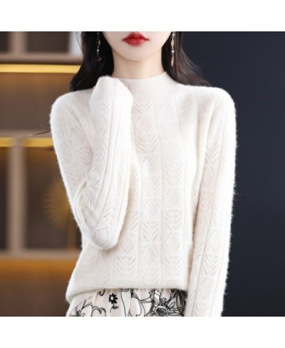 Spring And Summer New 100% Pure Wool Women's Pullover Solid Color Long Sleeve Hollow Half High Neck Sweater Fashion Top $57.2...