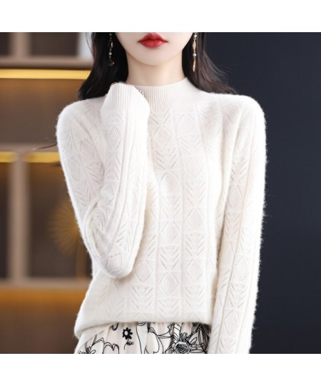 Spring And Summer New 100% Pure Wool Women's Pullover Solid Color Long Sleeve Hollow Half High Neck Sweater Fashion Top $57.2...