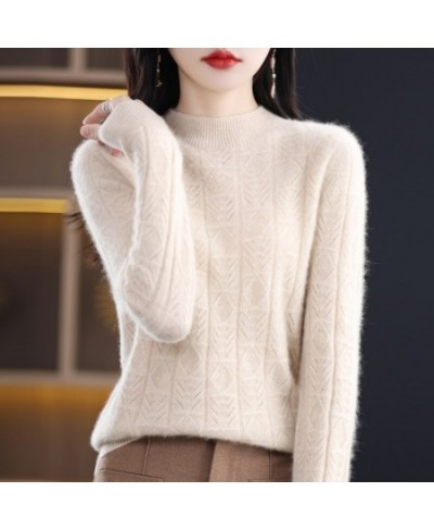 Spring And Summer New 100% Pure Wool Women's Pullover Solid Color Long Sleeve Hollow Half High Neck Sweater Fashion Top $57.2...