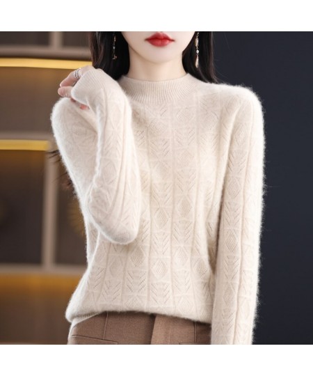 Spring And Summer New 100% Pure Wool Women's Pullover Solid Color Long Sleeve Hollow Half High Neck Sweater Fashion Top $57.2...