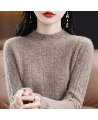 Spring And Summer New 100% Pure Wool Women's Pullover Solid Color Long Sleeve Hollow Half High Neck Sweater Fashion Top $57.2...