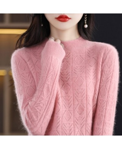 Spring And Summer New 100% Pure Wool Women's Pullover Solid Color Long Sleeve Hollow Half High Neck Sweater Fashion Top $57.2...