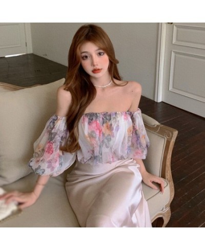 Chiffon Blouse Women Summer Retro Small Fresh Off Shoulder Puff Sleeve Broken Flower Dew Short Shirt Tops Sweet $21.26 - Wome...