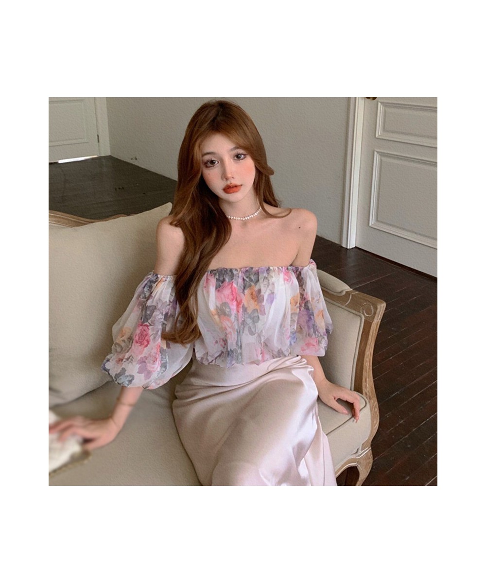 Chiffon Blouse Women Summer Retro Small Fresh Off Shoulder Puff Sleeve Broken Flower Dew Short Shirt Tops Sweet $21.26 - Wome...