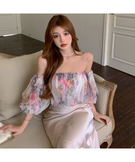 Chiffon Blouse Women Summer Retro Small Fresh Off Shoulder Puff Sleeve Broken Flower Dew Short Shirt Tops Sweet $21.26 - Wome...