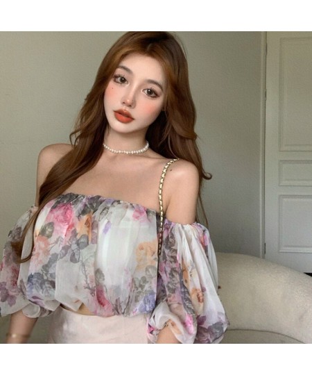 Chiffon Blouse Women Summer Retro Small Fresh Off Shoulder Puff Sleeve Broken Flower Dew Short Shirt Tops Sweet $21.26 - Wome...